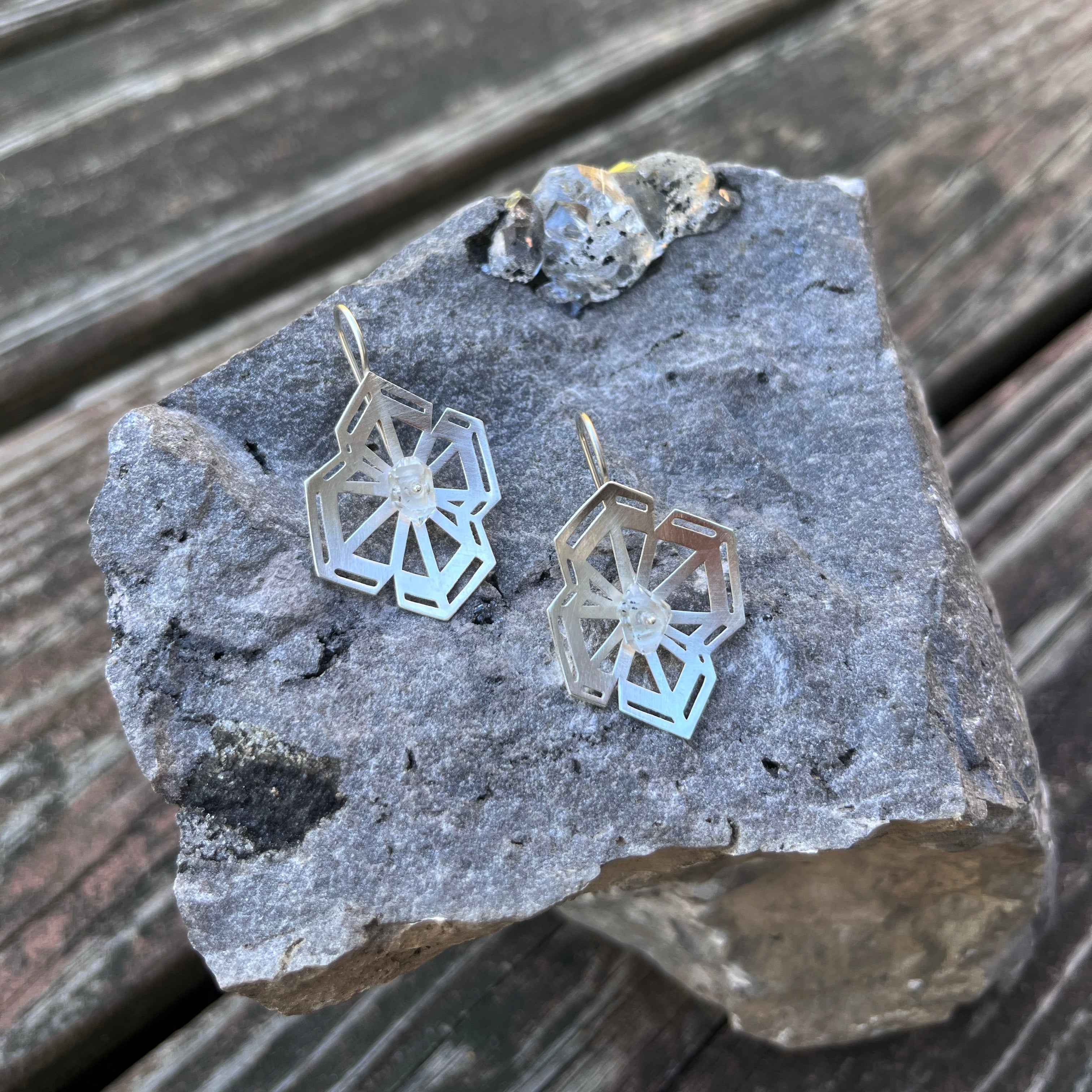Winter Geometry Necklace, Satin Finished Sterling Silver Accented with Two Pointed Herkimer Diamond.