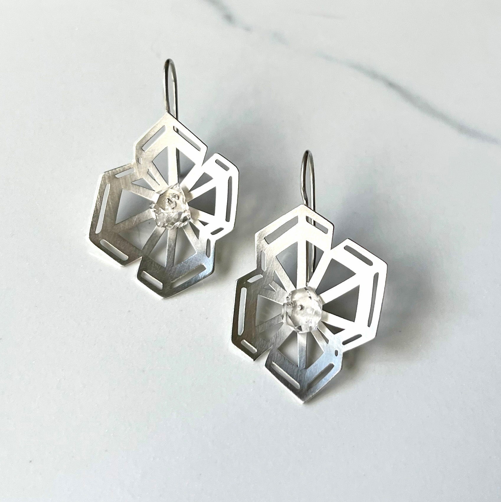 Winter Geometry Dangle Earrings, Satin Finished Sterling Silver Accented with Two Pointed Herkimer Diamond for everyday.