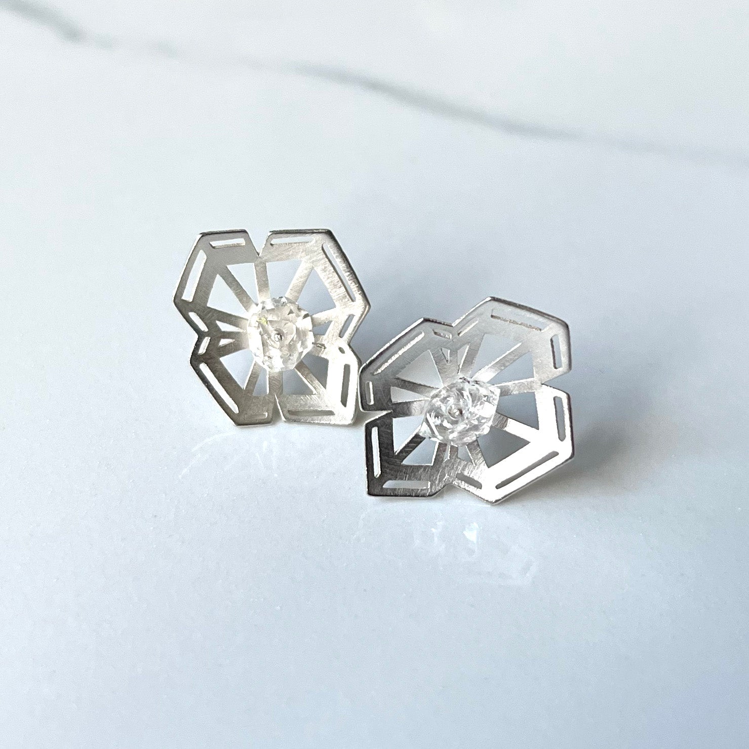 Winter Geometry Post Earrings, Satin Finished Sterling Silver Accented with Two Pointed Herkimer Diamond for everyday.