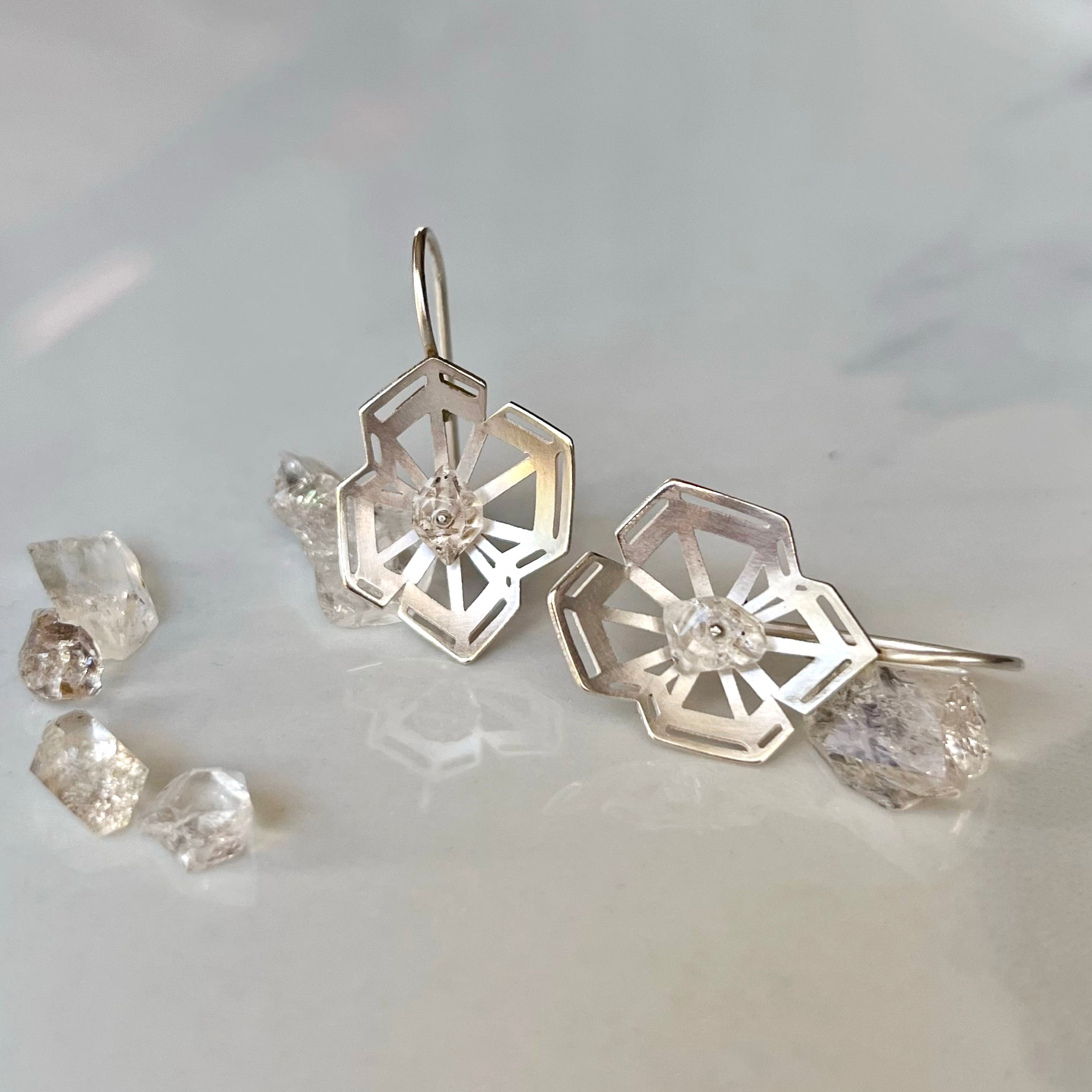 Winter Geometry Dangle Earrings, Satin Finished Sterling Silver Accented with Two Pointed Herkimer Diamond for everyday.