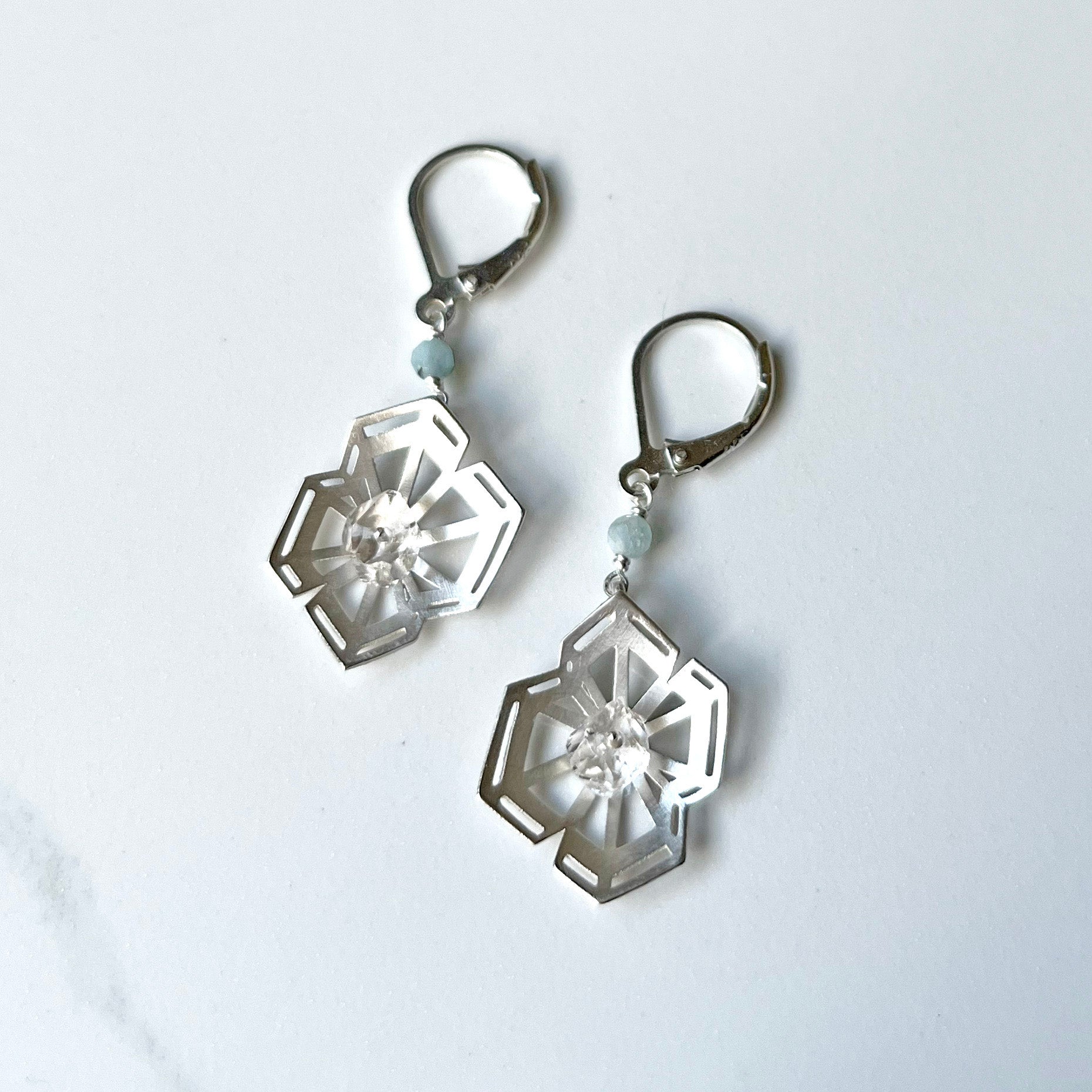 Winter Geometry Dangle Earrings, Satin Finished Sterling Silver Accented with Two Pointed Herkimer Diamond for everyday.