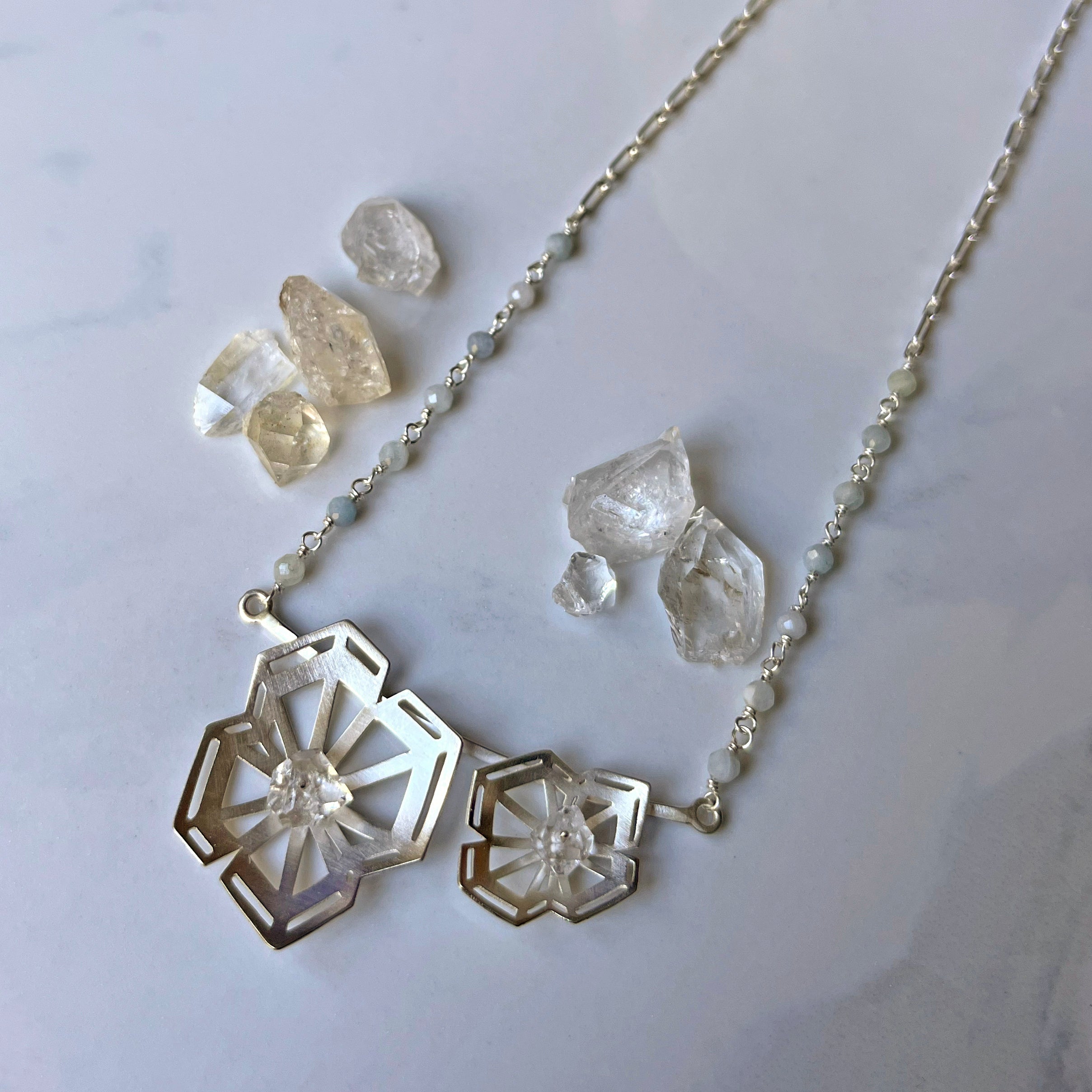 Winter Geometry Necklace, Satin Finished Sterling Silver Accented with Two Pointed Herkimer Diamond.