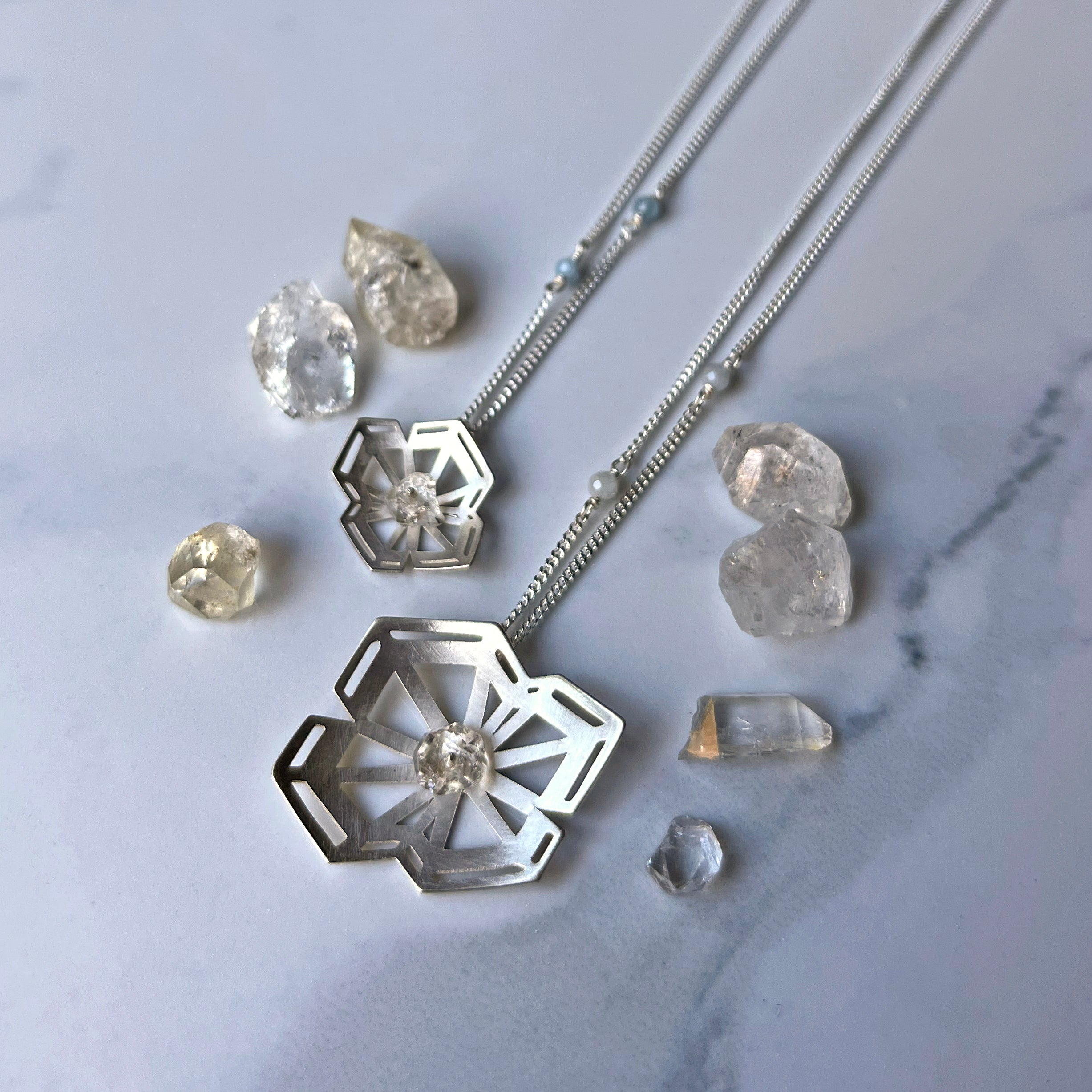 Winter Geometry Necklace, Satin Finished Sterling Silver Accented with Two Pointed Herkimer Diamond.