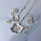 Winter Geometry Necklace, Satin Finished Sterling Silver Accented with Two Pointed Herkimer Diamond.