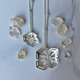 Winter Geometry Necklace, Satin Finished Sterling Silver Accented with Two Pointed Herkimer Diamond.
