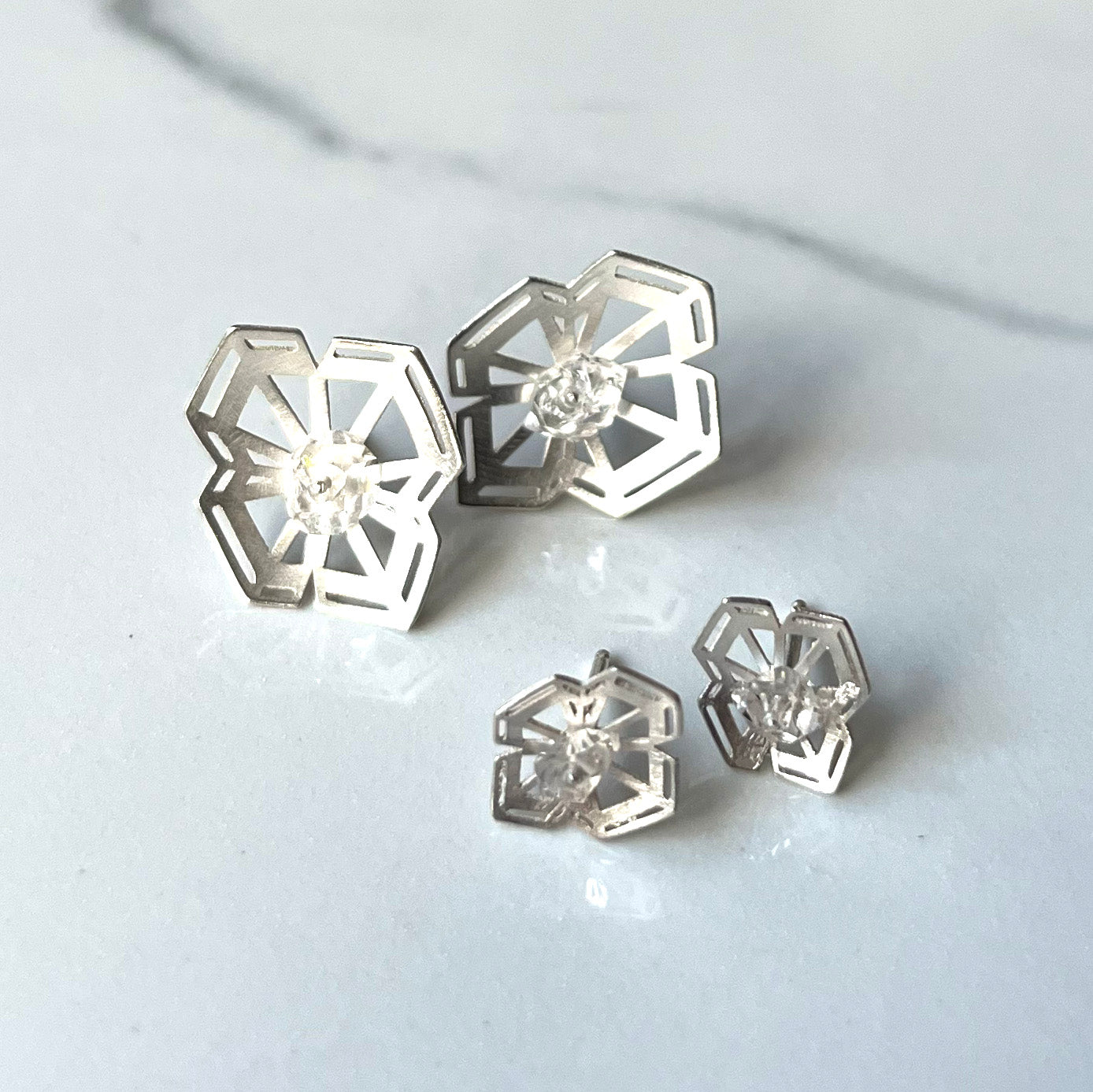 Winter Geometry Post Earrings, Satin Finished Sterling Silver Accented with Two Pointed Herkimer Diamond for everyday.