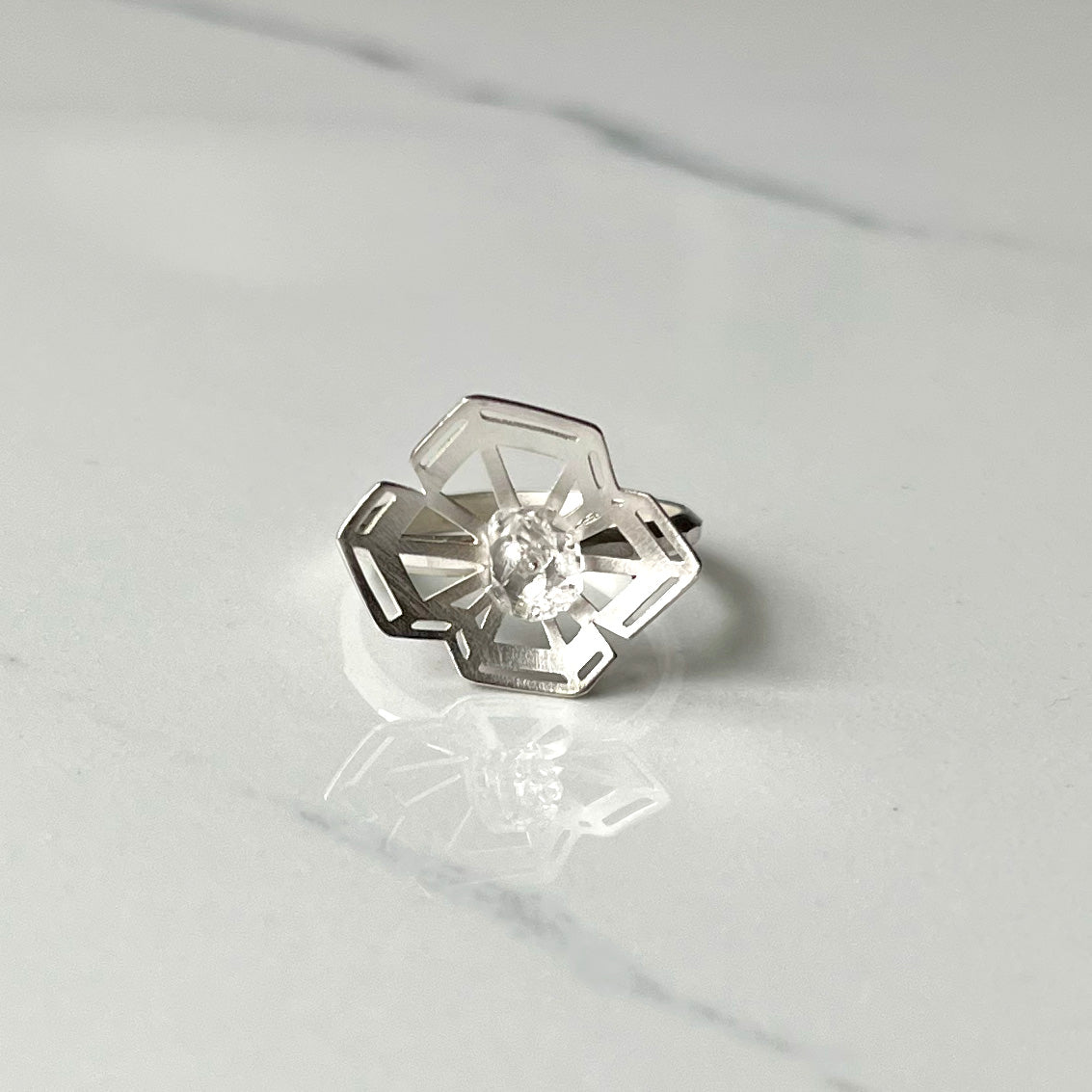 Winter Geometry Ring, Satin Finished Sterling Silver Accented with Two Pointed Herkimer Diamond. Ice Queen's Ring.