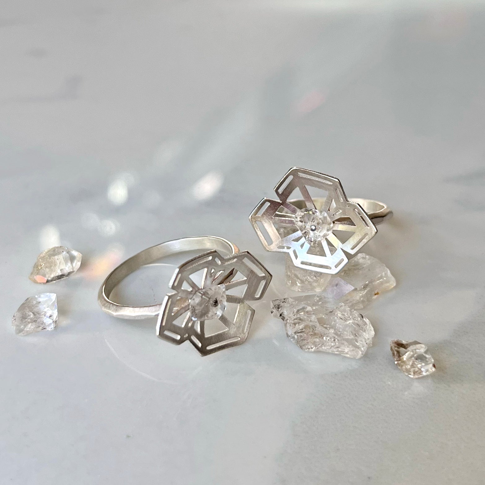 Winter Geometry Ring, Satin Finished Sterling Silver Accented with Two Pointed Herkimer Diamond. Ice Queen's Ring.
