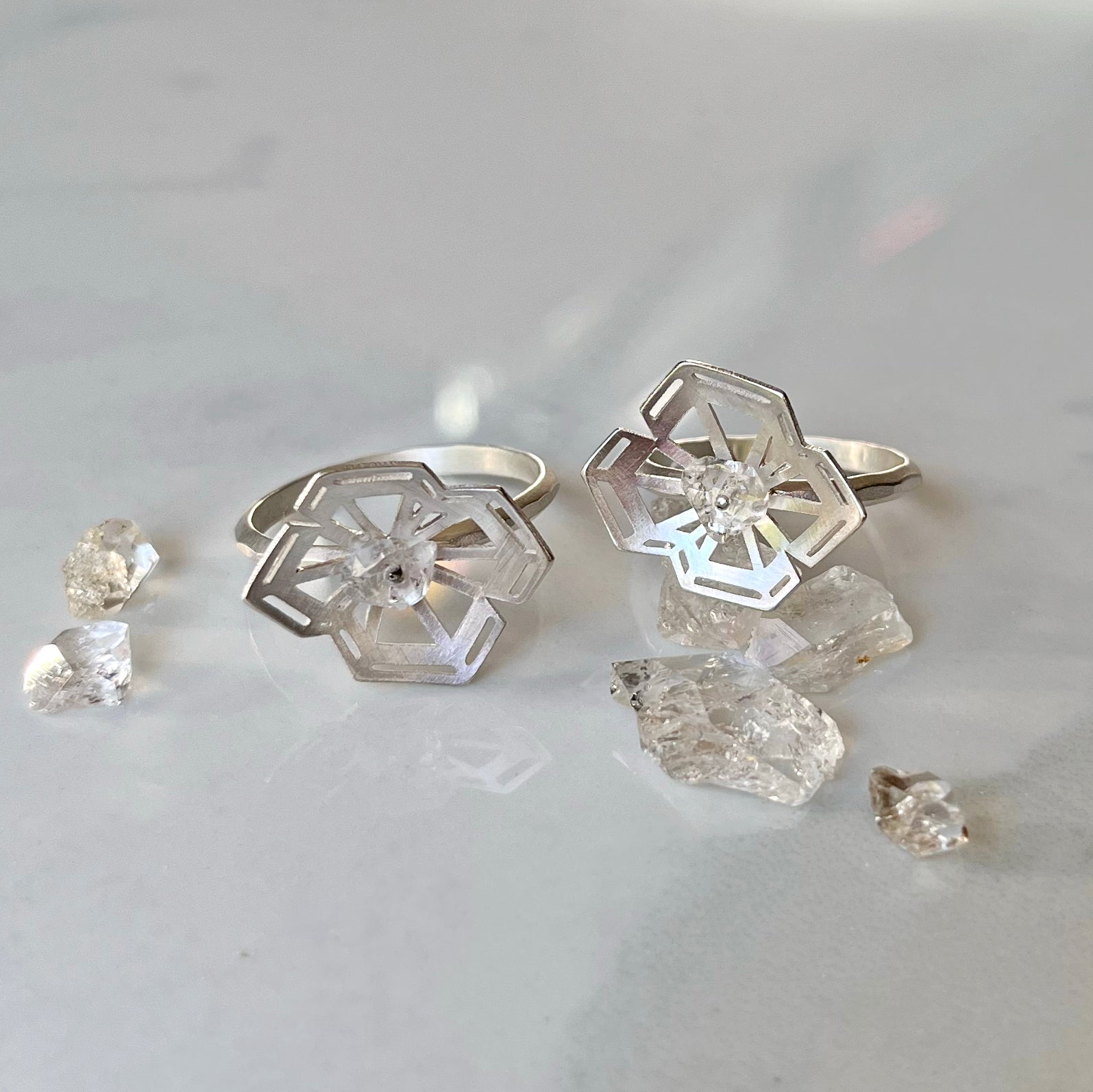 Winter Geometry Ring, Satin Finished Sterling Silver Accented with Two Pointed Herkimer Diamond. Ice Queen's Ring.