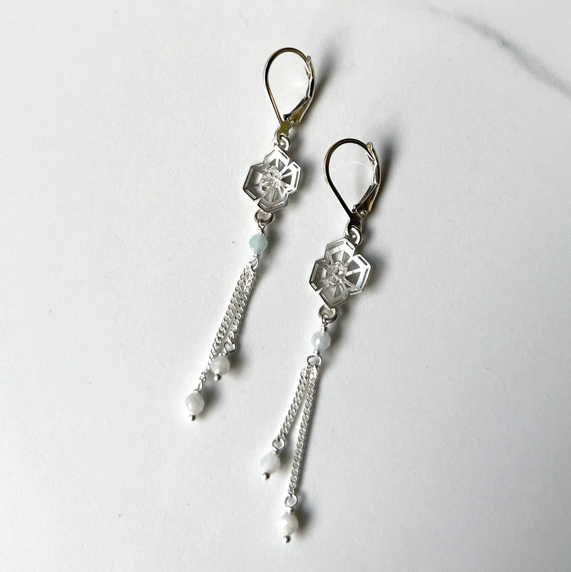 Winter Geometry Dangle Earrings, Satin Finished Sterling Silver Accented with Two Pointed Herkimer Diamond for everyday.
