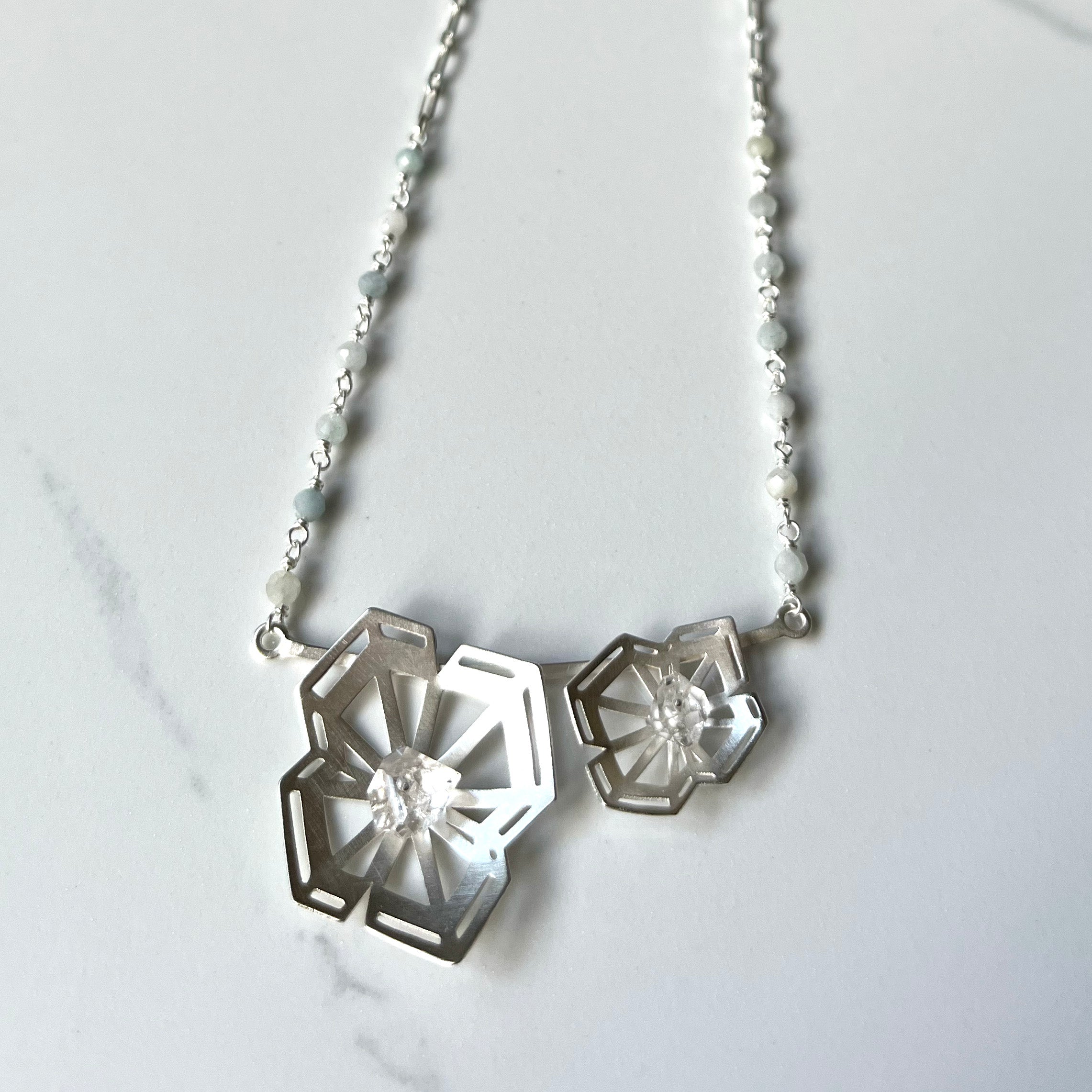 Winter Geometry Necklace, Satin Finished Sterling Silver Accented with Two Pointed Herkimer Diamond.