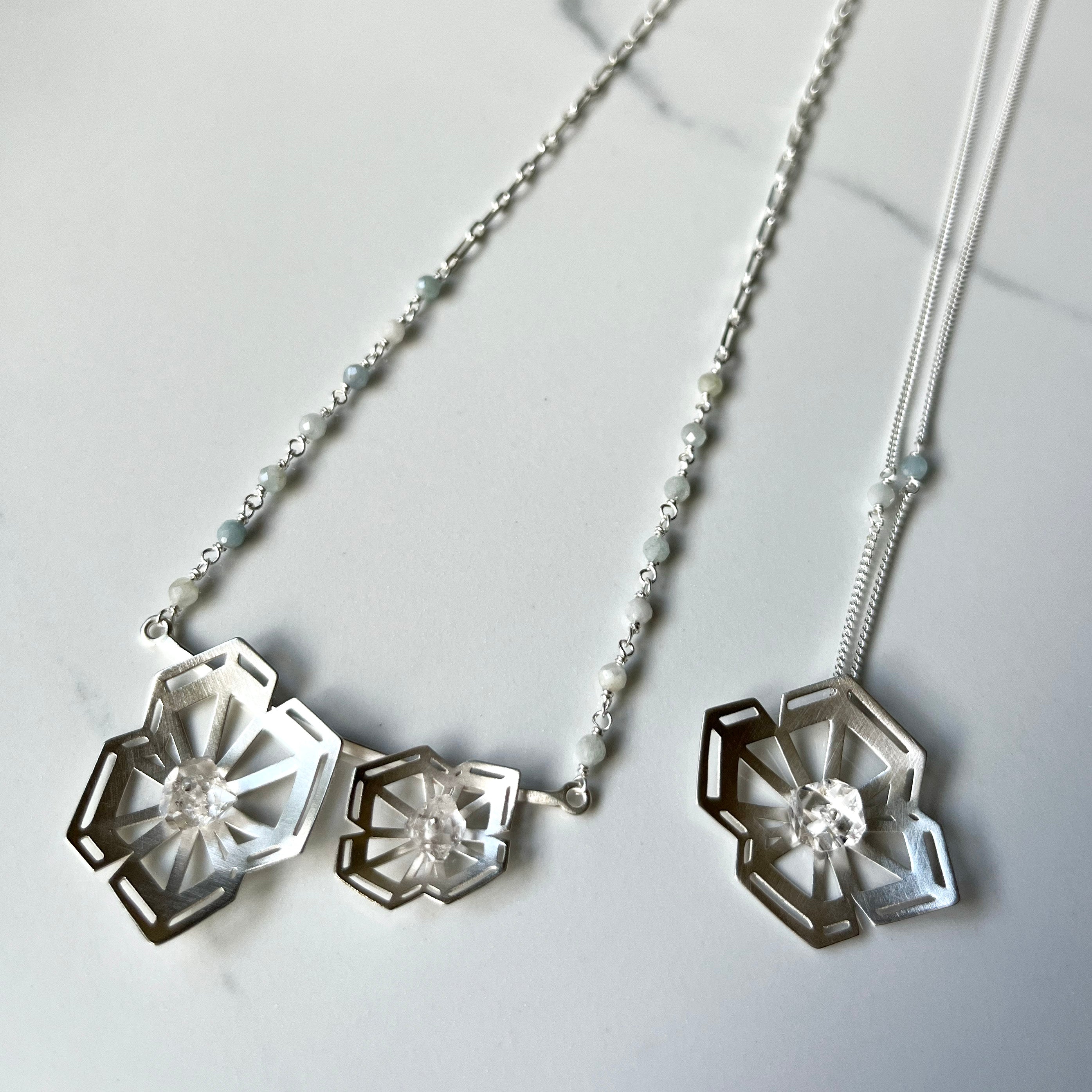 Winter Geometry Necklace, Satin Finished Sterling Silver Accented with Two Pointed Herkimer Diamond.