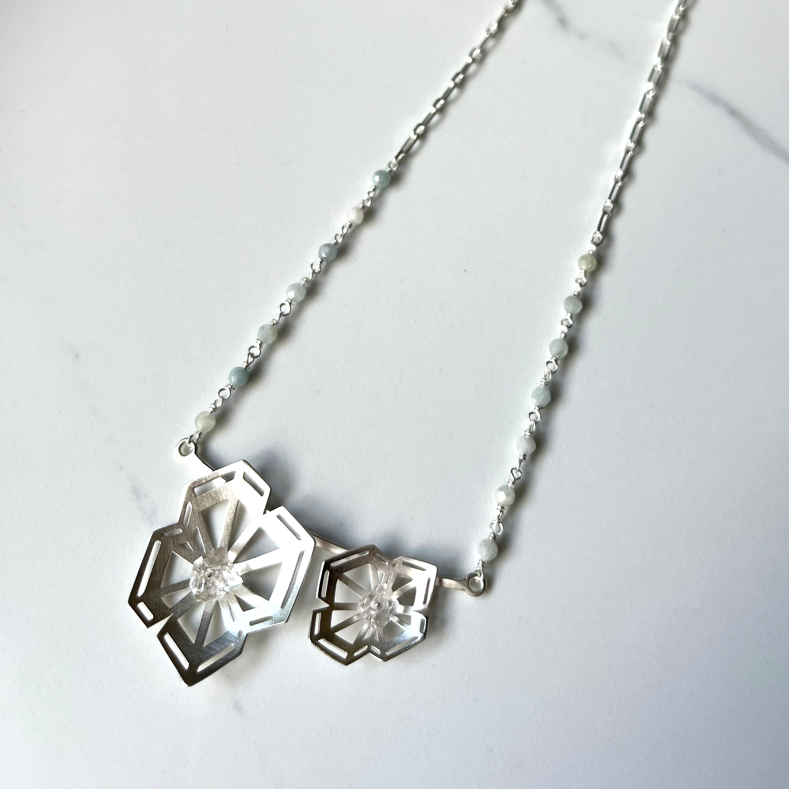Winter Geometry Necklace, Satin Finished Sterling Silver Accented with Two Pointed Herkimer Diamond.