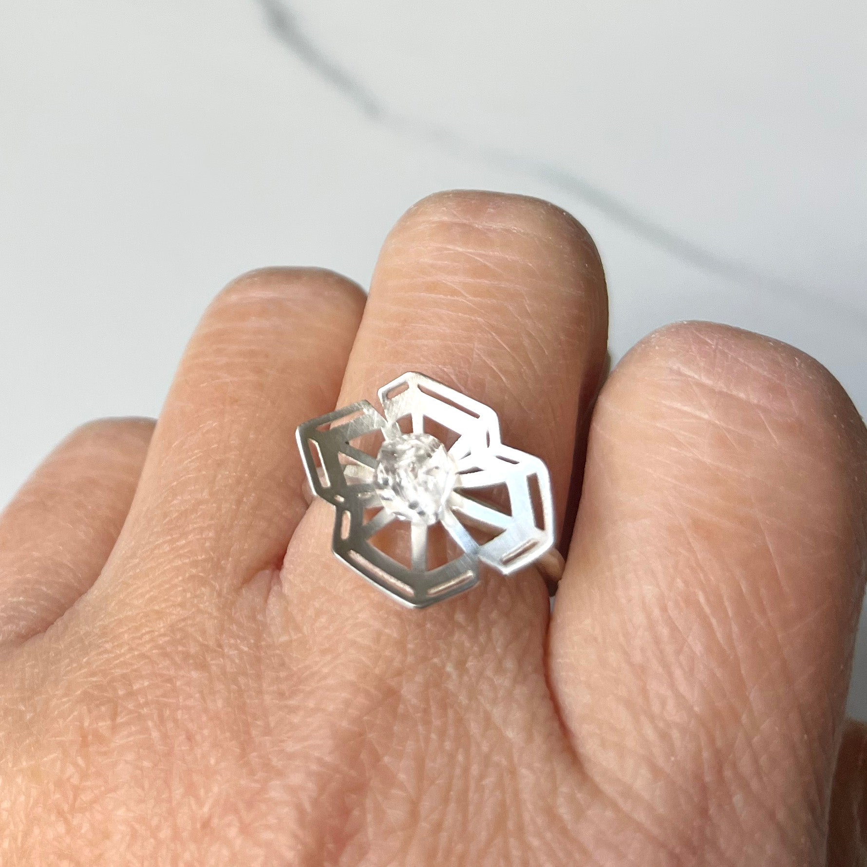 Winter Geometry Ring, Satin Finished Sterling Silver Accented with Two Pointed Herkimer Diamond. Ice Queen's Ring.