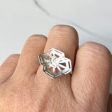 Winter Geometry Ring, Satin Finished Sterling Silver Accented with Two Pointed Herkimer Diamond. Ice Queen's Ring.