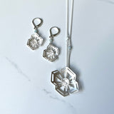 Winter Geometry Set, Necklace and Earrings, Satin Finished Sterling Silver Accented with Two Pointed Herkimer Diamond.