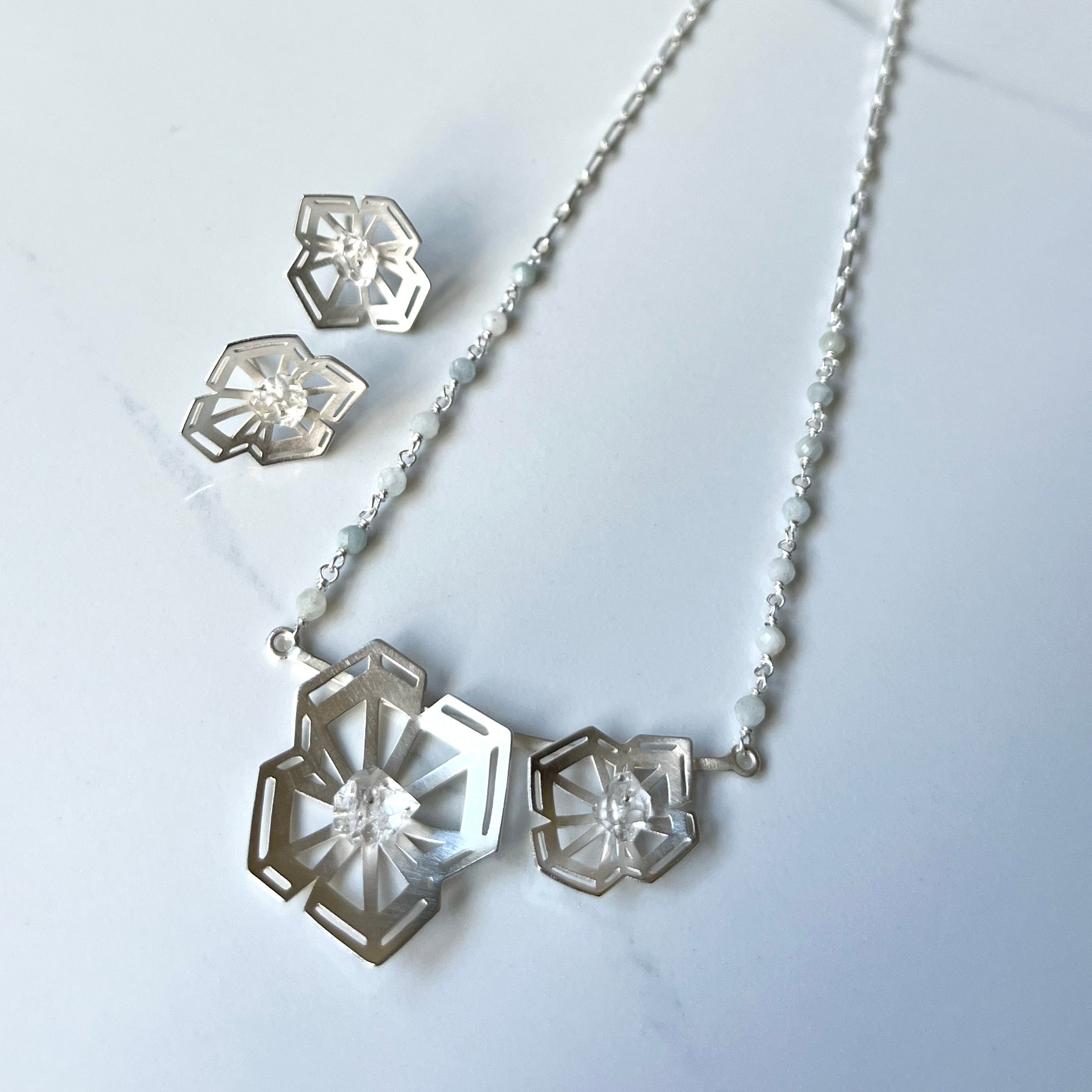 Winter Geometry Necklace, Satin Finished Sterling Silver Accented with Two Pointed Herkimer Diamond.