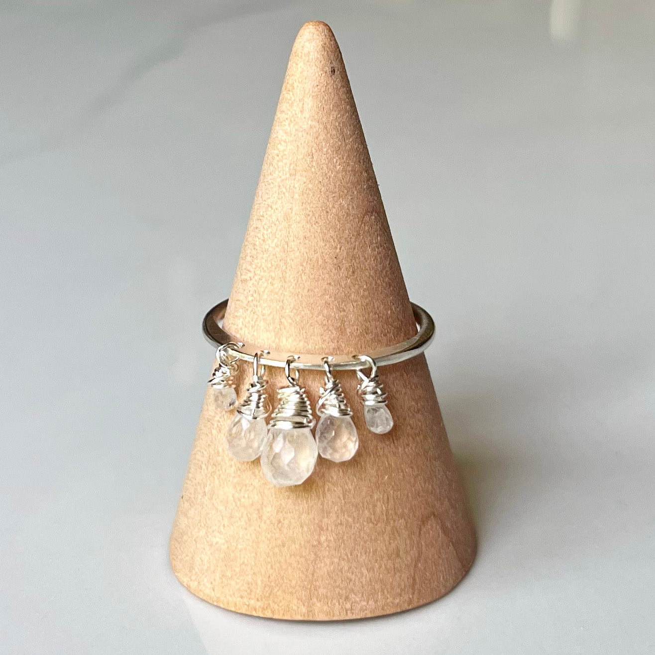 Dazzle Ring, All Silver, Precious/Semi Precious Gemstone Briolette Dangles wire-wrapped on Sterling Silver Rounded Band.