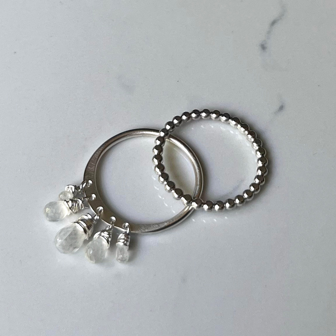 Dazzle Ring, All Silver, Precious/Semi Precious Gemstone Briolette Dangles wire-wrapped on Sterling Silver Rounded Band.