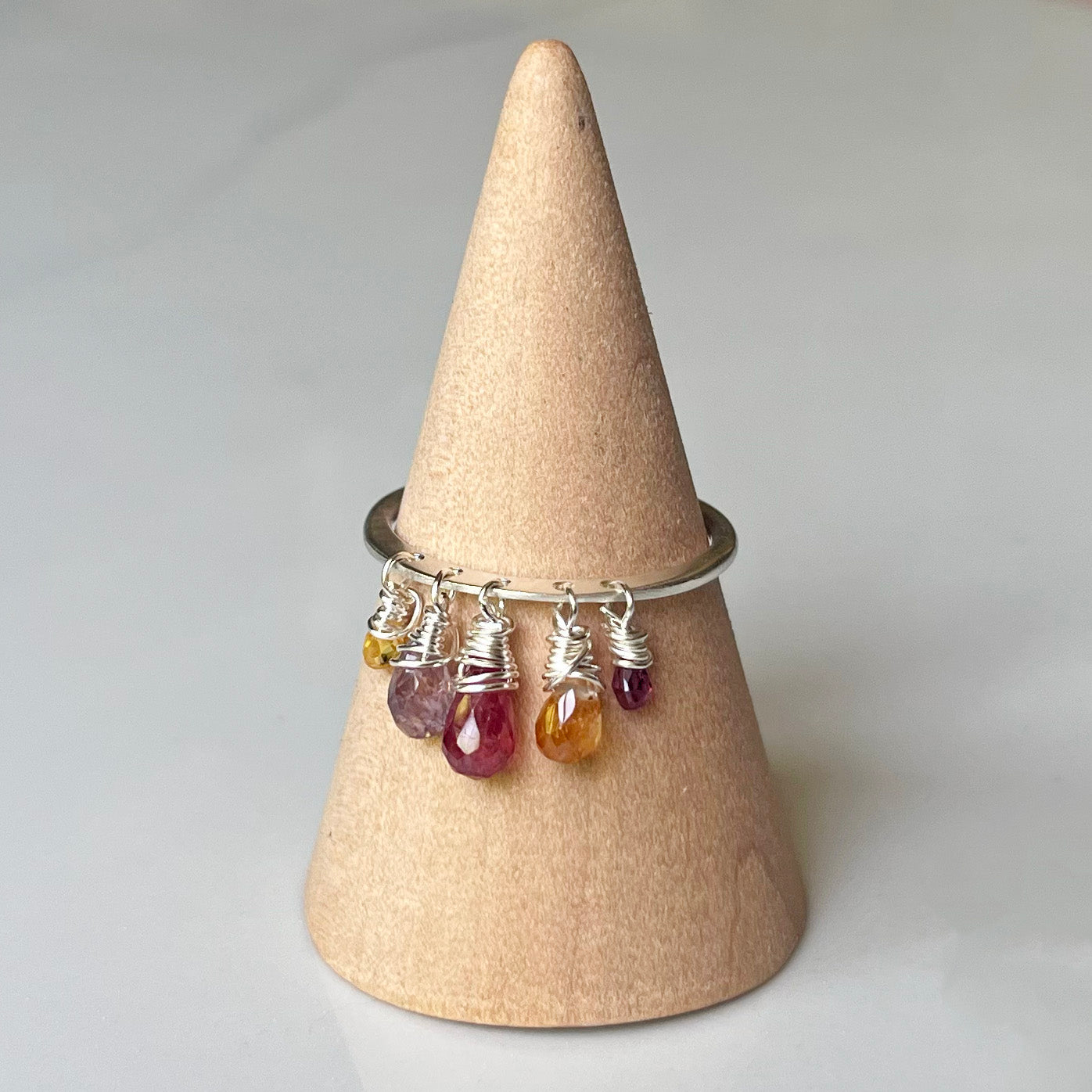 Dazzle Ring, All Silver, Precious/Semi Precious Gemstone Briolette Dangles wire-wrapped on Sterling Silver Rounded Band.