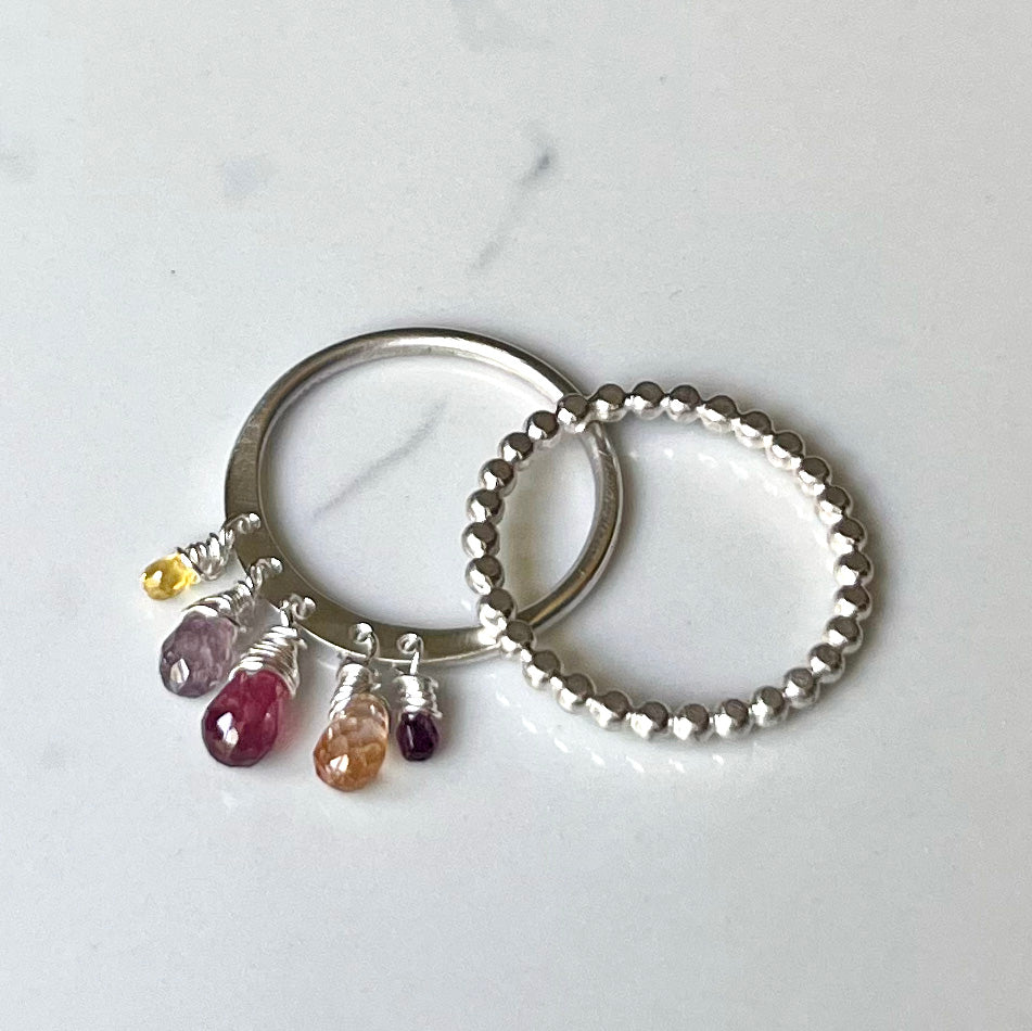 Dazzle Ring, All Silver, Precious/Semi Precious Gemstone Briolette Dangles wire-wrapped on Sterling Silver Rounded Band.