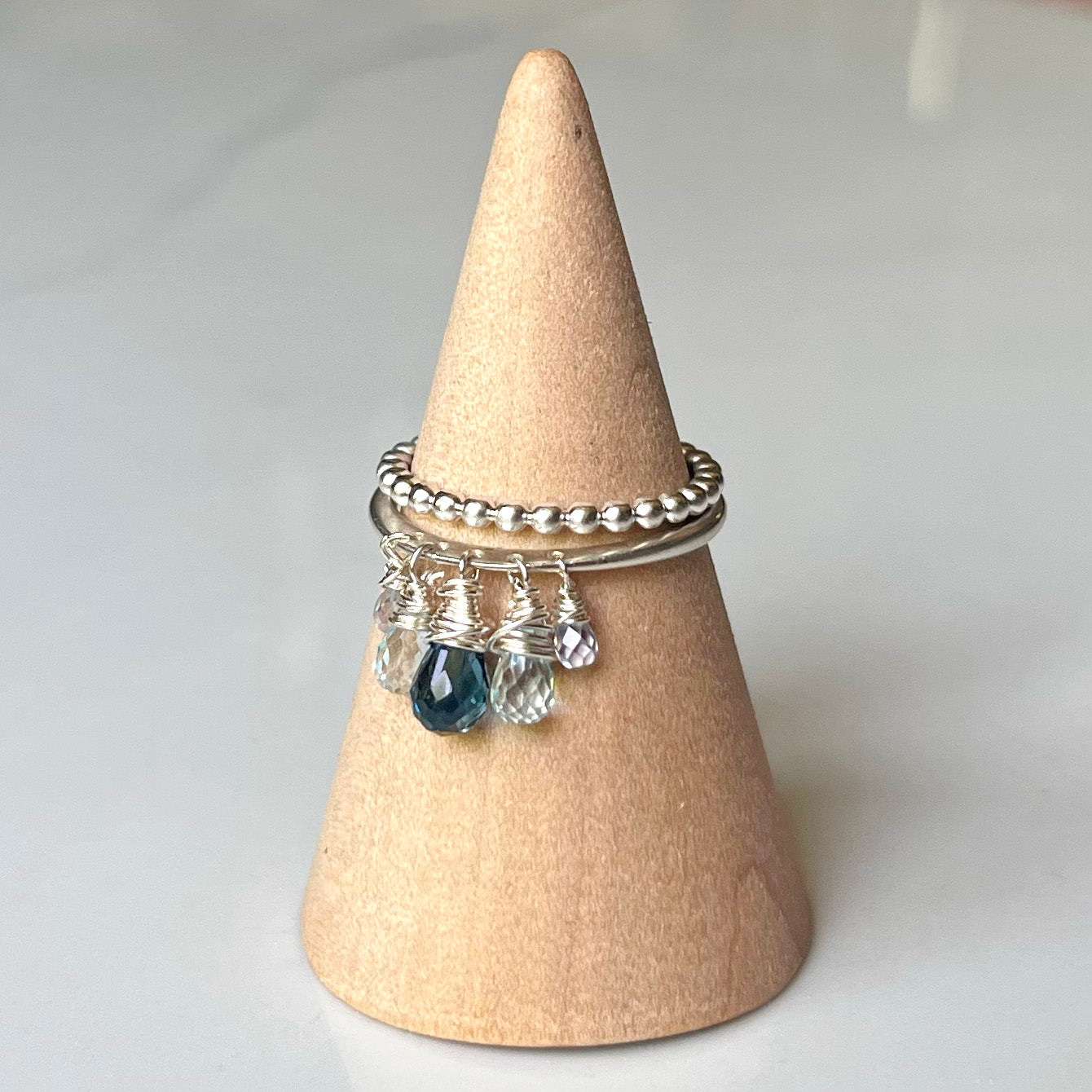 Dazzle Ring, All Silver, Precious/Semi Precious Gemstone Briolette Dangles wire-wrapped on Sterling Silver Rounded Band.