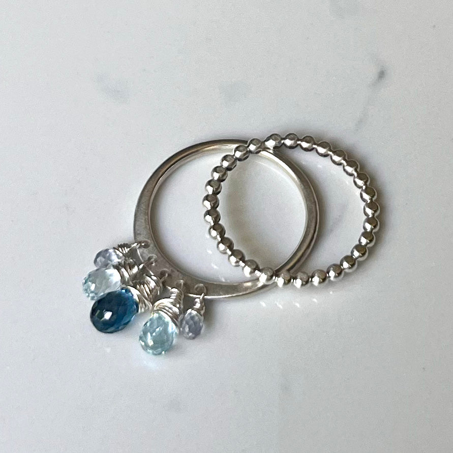 Dazzle Ring, All Silver, Precious/Semi Precious Gemstone Briolette Dangles wire-wrapped on Sterling Silver Rounded Band.