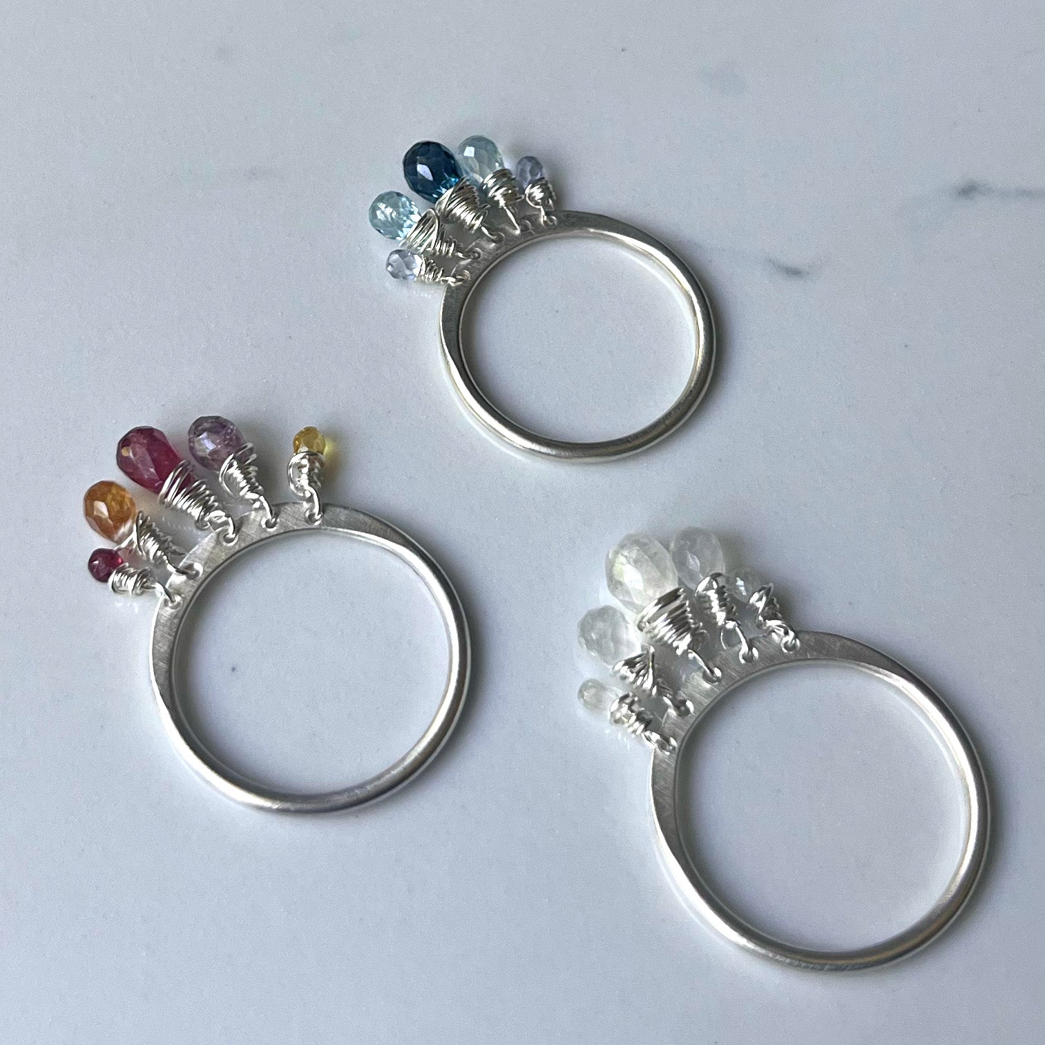 Dazzle Ring, All Silver, Precious/Semi Precious Gemstone Briolette Dangles wire-wrapped on Sterling Silver Rounded Band.