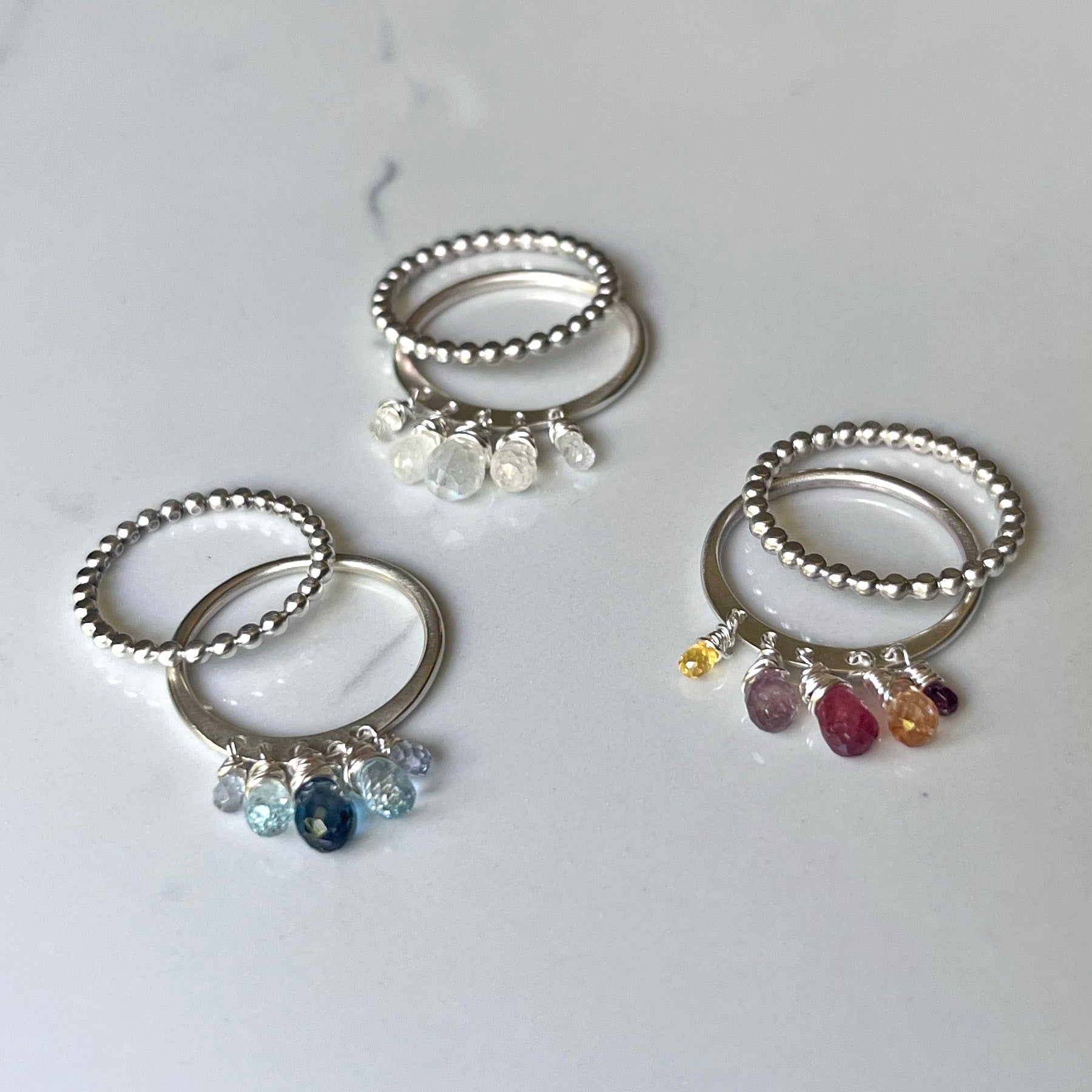 Dazzle Ring, All Silver, Precious/Semi Precious Gemstone Briolette Dangles wire-wrapped on Sterling Silver Rounded Band.