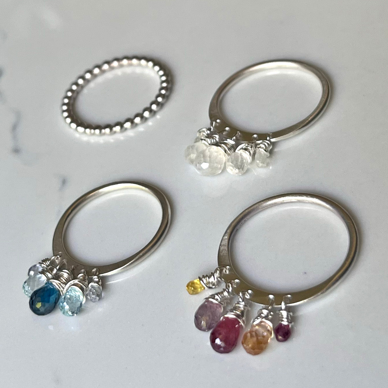 Dazzle Ring, All Silver, Precious/Semi Precious Gemstone Briolette Dangles wire-wrapped on Sterling Silver Rounded Band.