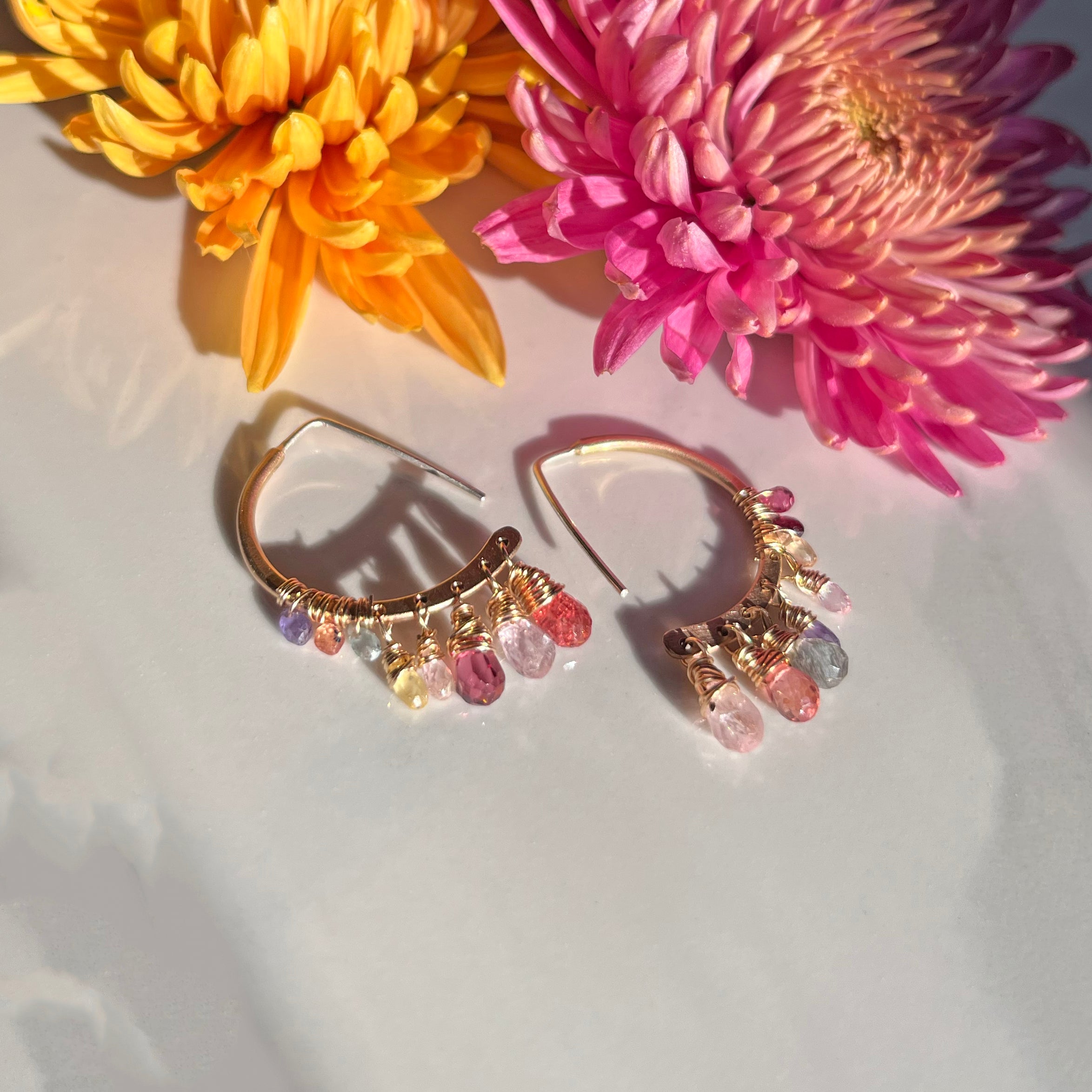 Dazzle Earrings, Gold-Filled, Briolette Gemstone Dangles on Gold-Filled D shaped earrings.