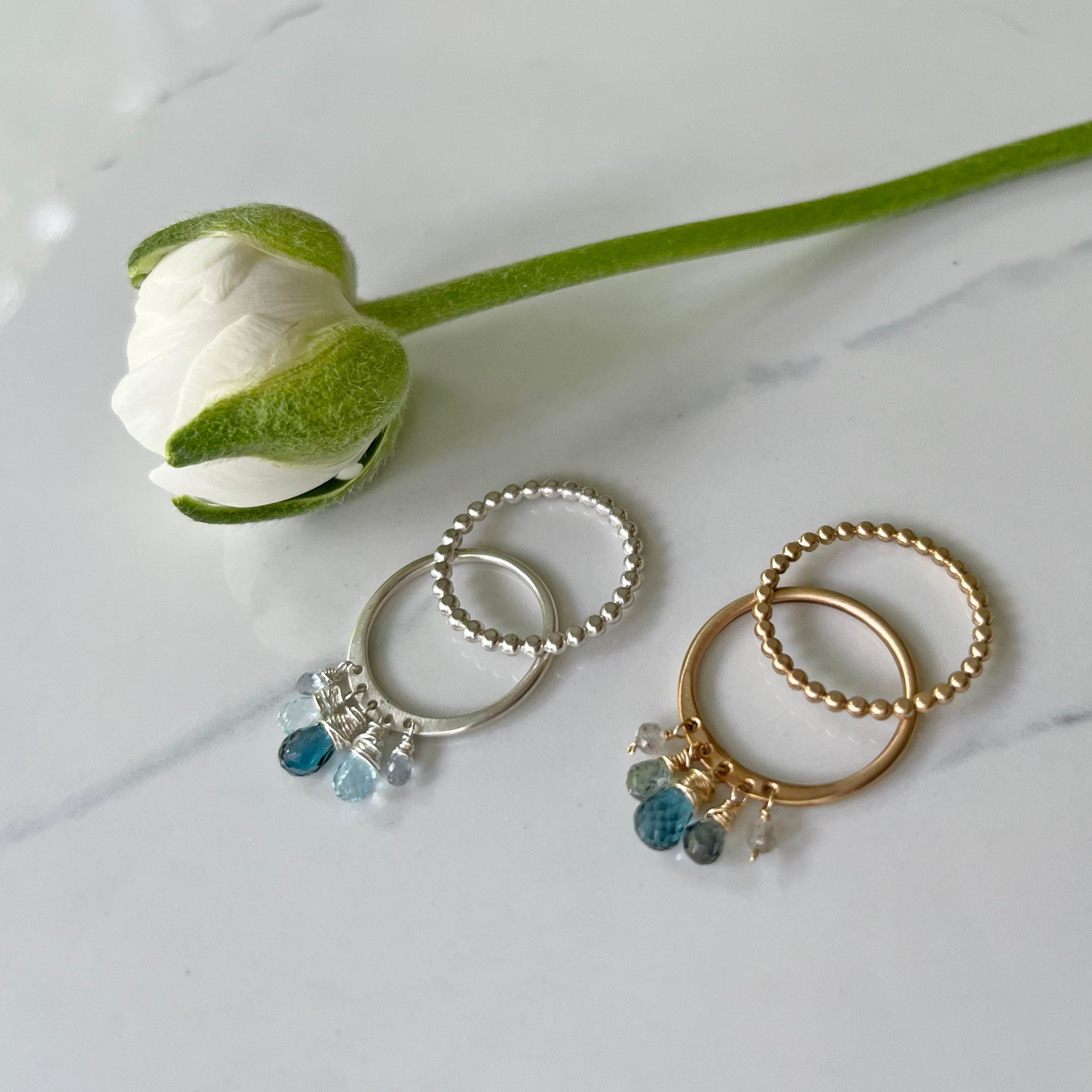 Dazzle Ring, All Silver, Precious/Semi Precious Gemstone Briolette Dangles wire-wrapped on Sterling Silver Rounded Band.
