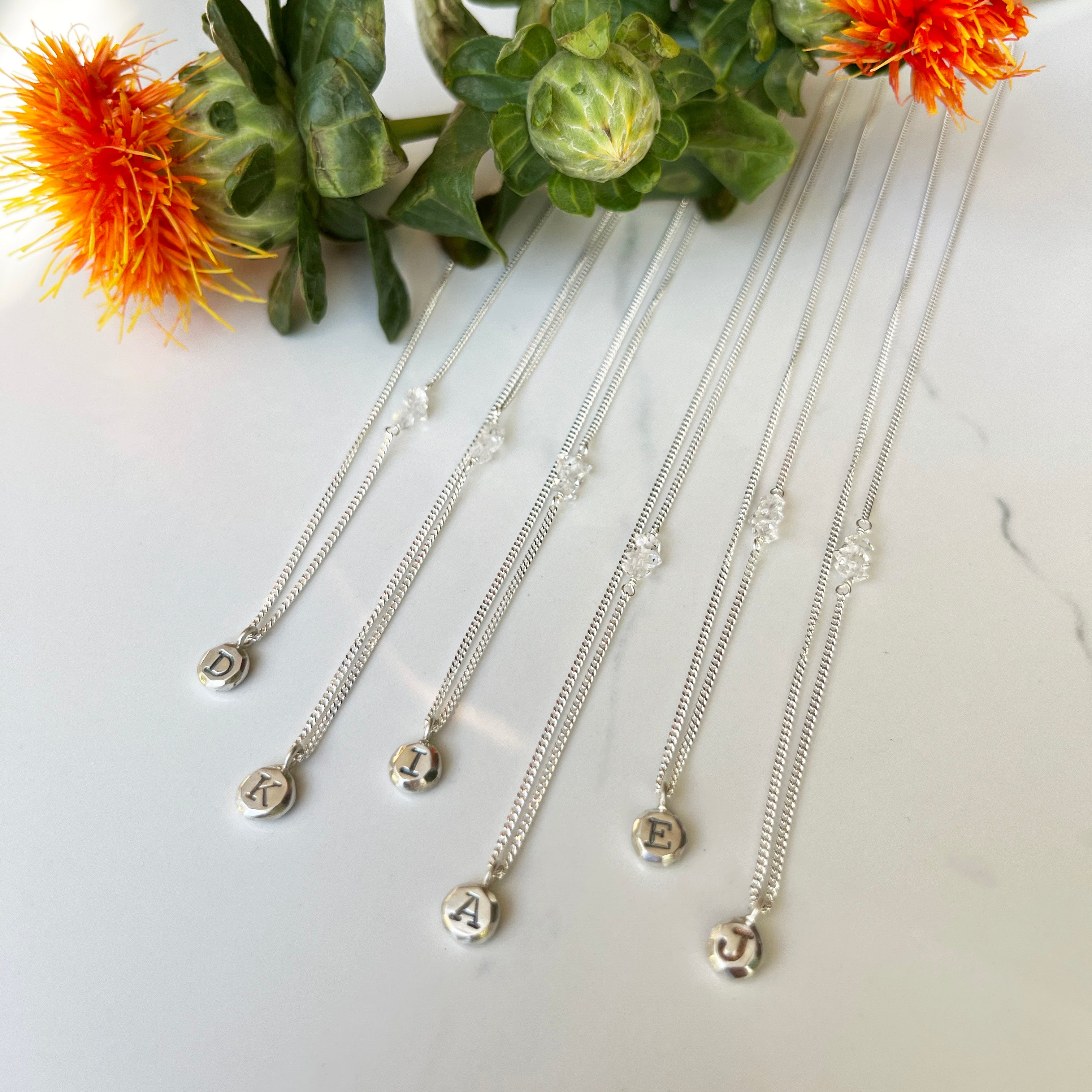 Echo Necklace, Personalized and Custom Made Initial Necklace with Herkimer Diamond Accent on Sterling Silver Chain.