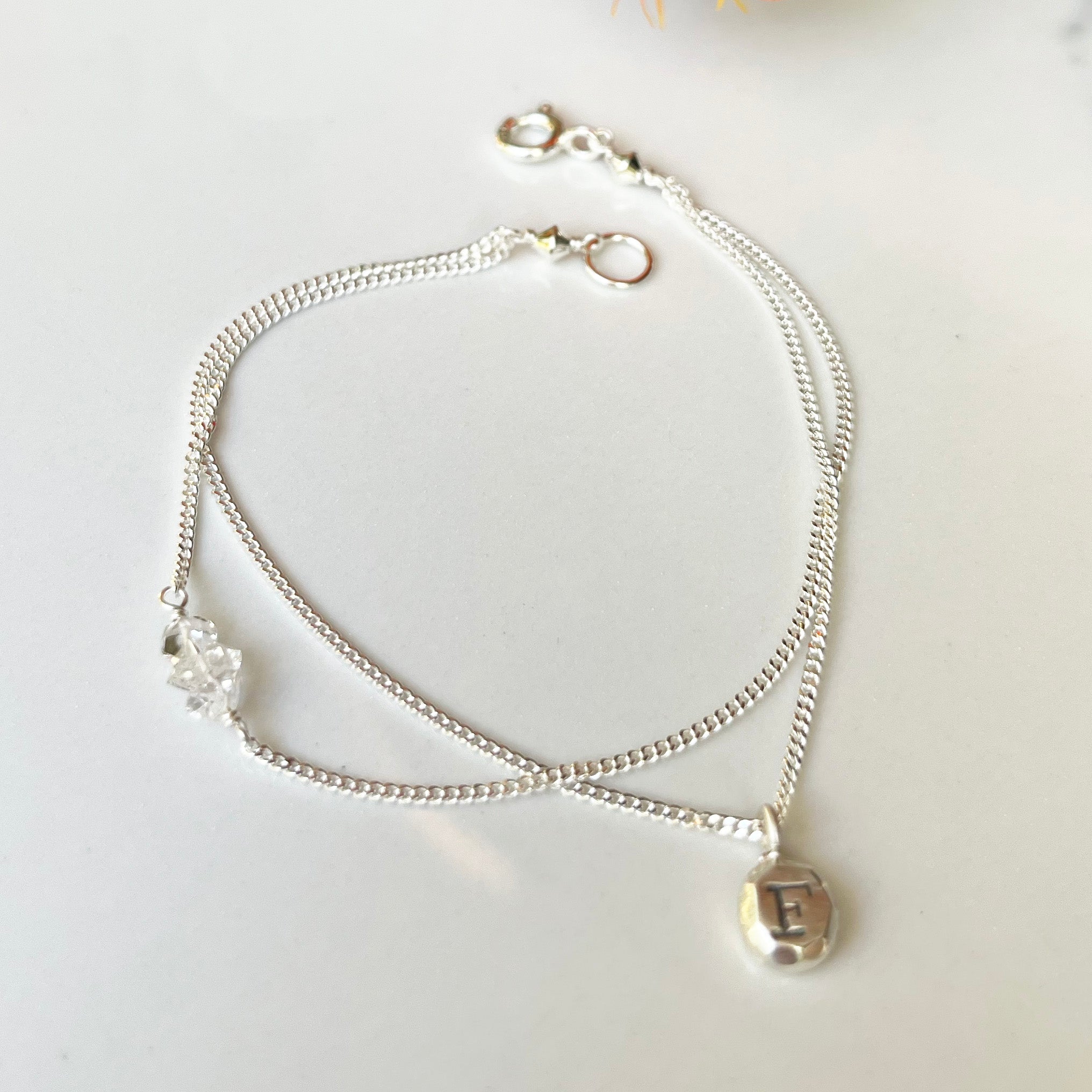 Echo Bracelet, Personalized Letters in Vintage Fonts, with Herkimer Diamond Accent for Everyday.