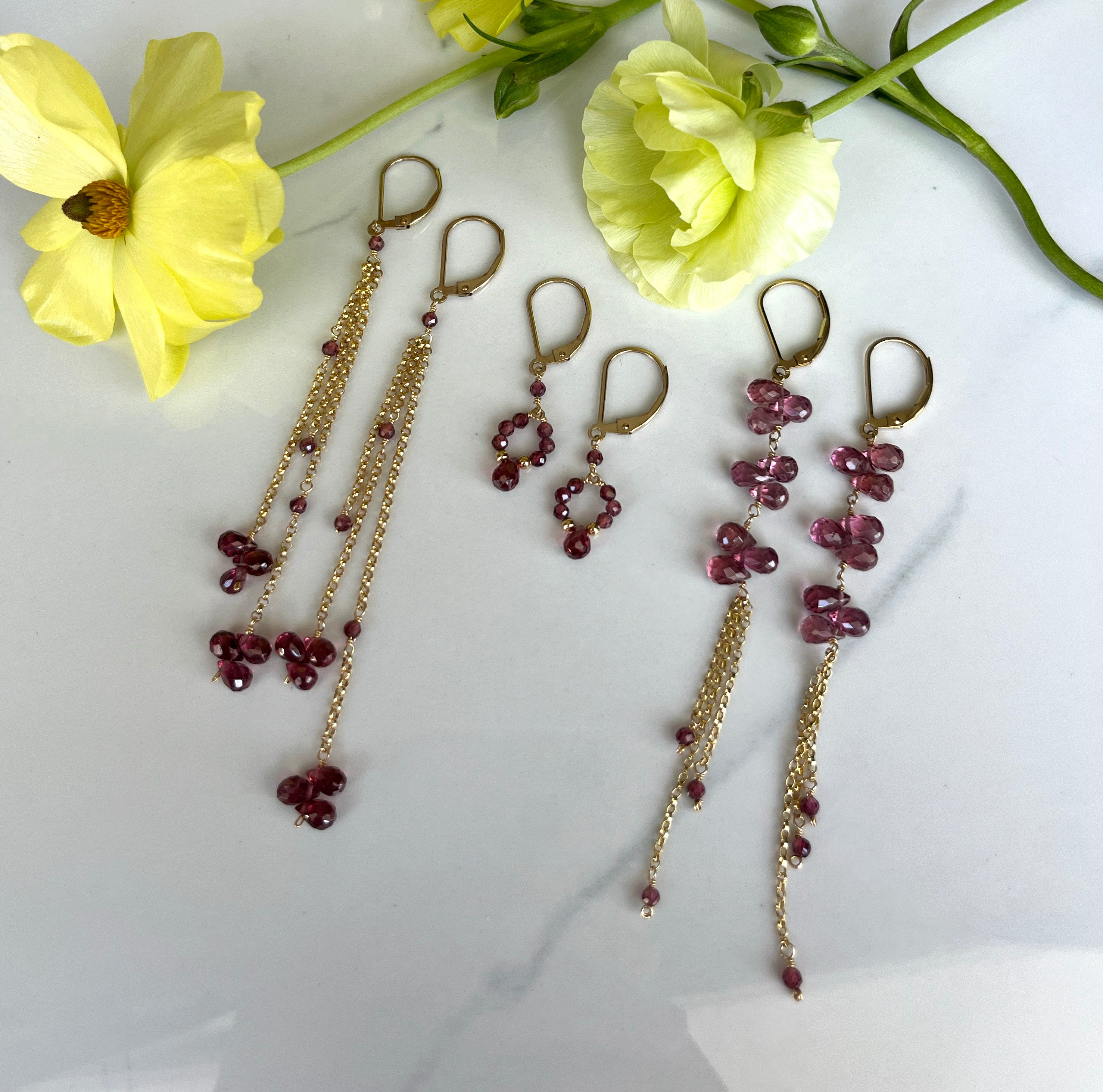petal chain drops earrings - garnet briolettes with gold filled lever backs