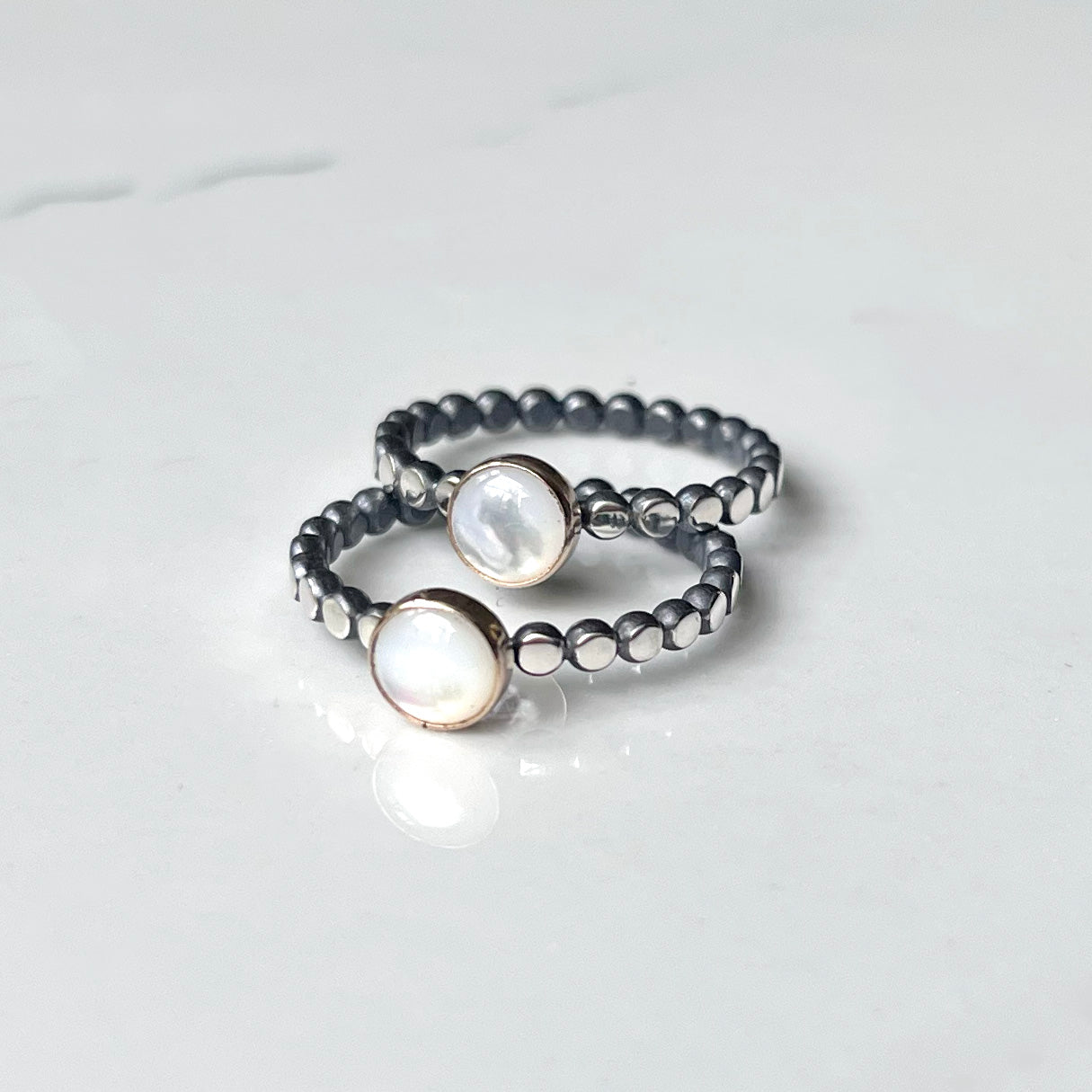 Gem ring - Rose Cut 6mm Gemstones in 14k Yellow Gold Bezel on Oxidized and Highlighted Sterling Silver Beaded Band.