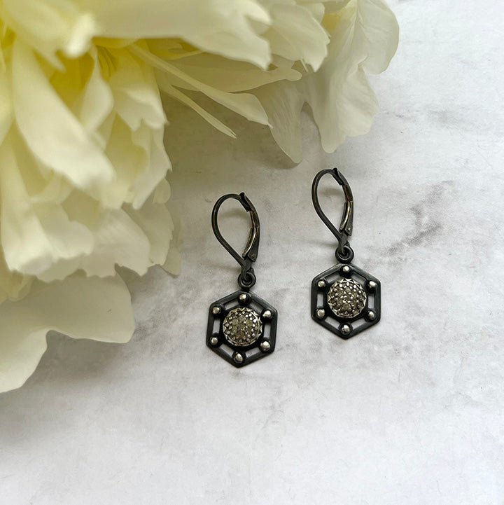 Pavé Diamond Earrings - Short Dangles - Pavé Diamond Charms set into Oxidized Sterling Silver, for Everyday Bling