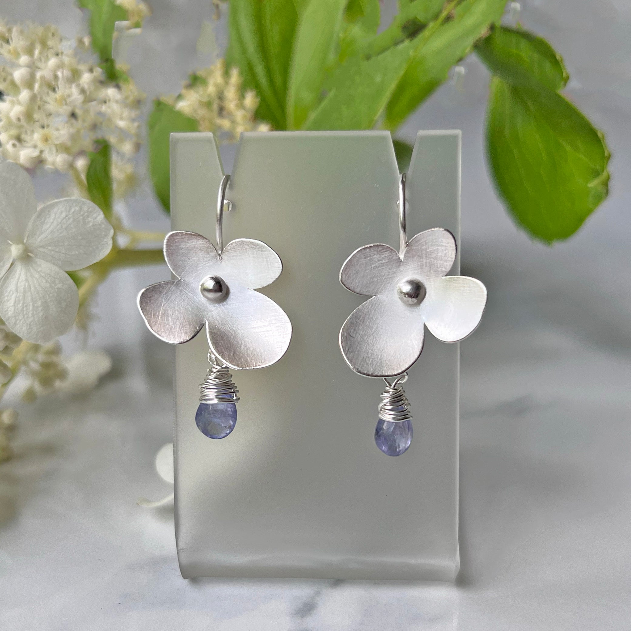 Hydrangea Wire Earrings with Tanzanite - Satin Finished Sterling Silver Four Petaled Flower Earrings for Everyday.
