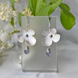 Hydrangea Wire Earrings with Tanzanite - Satin Finished Sterling Silver Four Petaled Flower Earrings for Everyday.