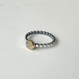 Gem ring - Rose Cut 6mm Gemstones in 14k Yellow Gold Bezel on Oxidized and Highlighted Sterling Silver Beaded Band.