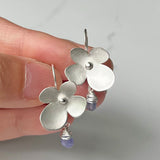 Hydrangea Wire Earrings with Tanzanite - Satin Finished Sterling Silver Four Petaled Flower Earrings for Everyday.
