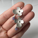 Hydrangea Wire Earrings with Tanzanite - Satin Finished Sterling Silver Four Petaled Flower Earrings for Everyday.