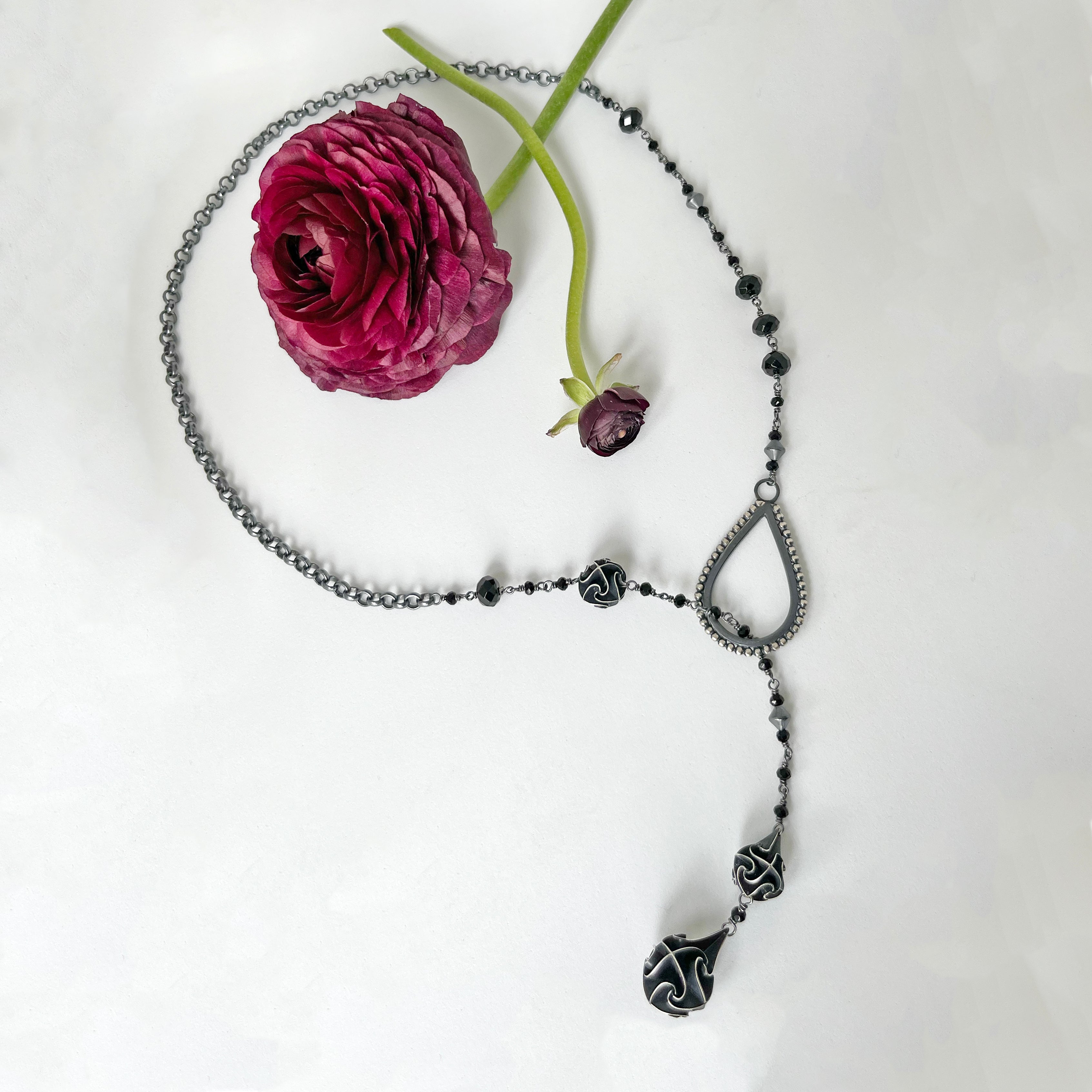 Teardrop Lariat Necklace, 3 Color Options, With Faceted Gemstone, An Asymmetrical Statement Necklace for A Special Occasion.