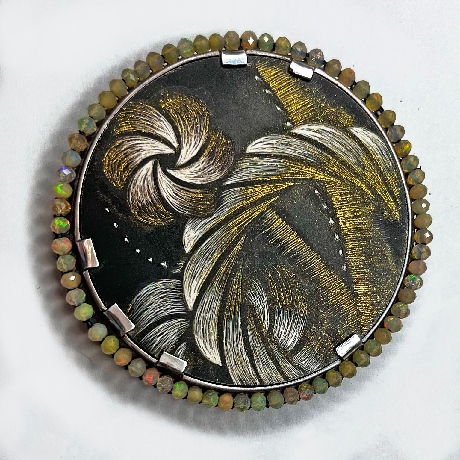 Opal Orbit Brooch and Pendant, One of a Kind Scratch Art Panel Set into Sterling Silver Frame with Faceted Opal Hand Stitched for Embellishment.