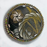 Opal Orbit Brooch and Pendant, One of a Kind Scratch Art Panel Set into Sterling Silver Frame with Faceted Opal Hand Stitched for Embellishment.