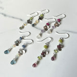 Orchard Earrings, Multicolor Gemstone Clusters with Silver Flower Decorations with Delicate Chain Dangle with a Drop on Leverback.