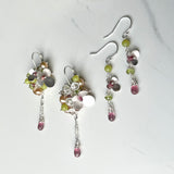 Orchard Earrings, Multicolor Gemstone Clusters with Silver Flower Decorations with Delicate Chain Dangle with a Drop on Leverback.