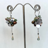 Orchard Earrings, Multicolor Gemstone Clusters with Silver Flower Decorations with Delicate Chain Dangle with a Drop on Leverback.