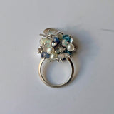 Orchard Ring, Silver Band, Multicolor Gemstone Clusters with Silver Flower Decorations for Party and Fun.