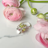 Orchard Ring, Silver Band, Multicolor Gemstone Clusters with Silver Flower Decorations for Party and Fun.